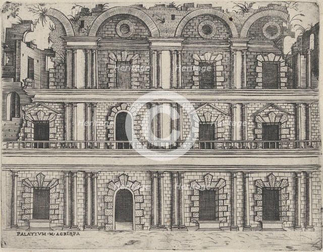 Palatium M. Agrippa, from a Series of 24 Depicting (Reconstructed) Buildings ..., Plate ca. 1530-50. Creator: Anon.