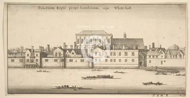 Palatium Regis prope Londinum, vulgo White-hall (Royal Palace of Whitehall, London), ca. 1647. Creator: Wenceslaus Hollar.
