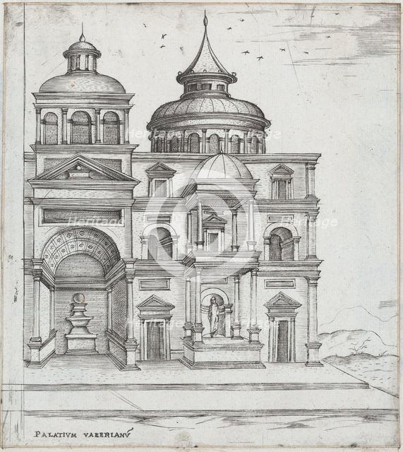 Palatium Valerianu[m], from a series of prints depicting (reconstructed) Bu..., Plate ca. 1530-1550. Creator: Master GA.