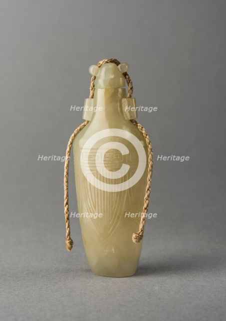 Pale Green jade snuff bottle with incised decoration, China, Qing dynasty, 1644-1911. Creator: Unknown.