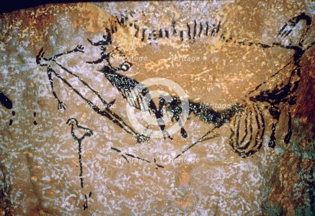 Paleolithic cave-painting of a Bison and Man from Lascaux. Artist: Unknown