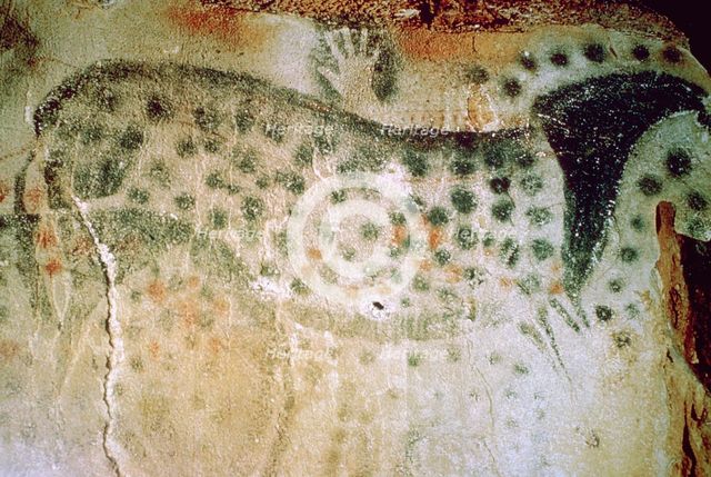 Paleolithic cave-painting of a horse and human hands from France. Artist: Unknown
