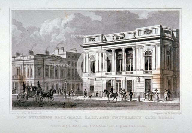 Pall Mall East, Westminster, London, 1828. Artist: M Barrenger