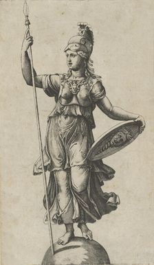 Pallas Athena standing on a globe, a spear in her left hand, a shield in her right,..., ca. 1520-27. Creator: Marcantonio Raimondi