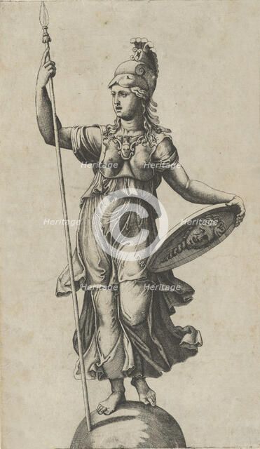 Pallas Athena standing on a globe, a spear in her left hand, a shield in her right,..., ca. 1520-27. Creator: Marcantonio Raimondi.