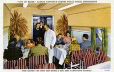 Palm Garden dining car on the City of Miami streamliner train, USA, 1941