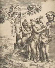Pan at the left seated next to a standing nymph, to the right Cupid holding cymbals, 1531-76. Creator: Giulio Bonasone