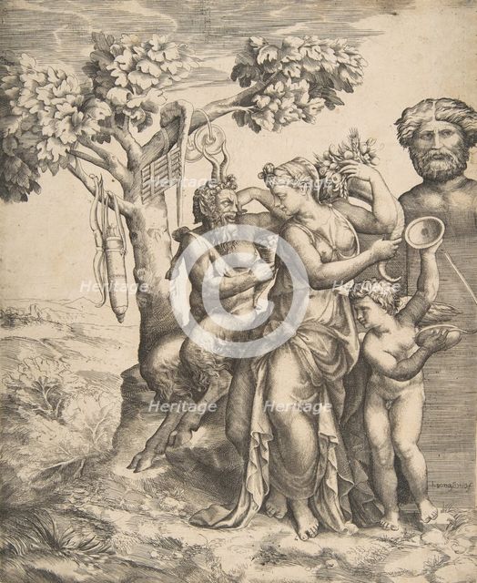 Pan at the left seated next to a standing nymph, to the right Cupid holding cymbals, 1531-76. Creator: Giulio Bonasone.