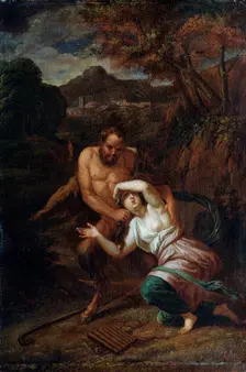 Pan and the Nymph Syrinx 17th century. Artist: Sébastien Bourdon