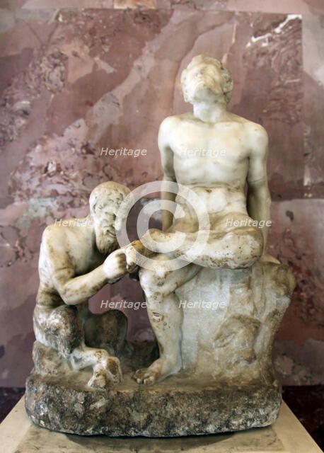 Pan and satyr, Pan removing a splinter from a satyr's foot. Artist: Unknown