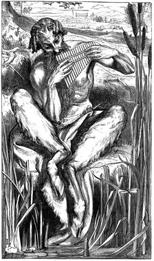 Pan playing his pipes, Wood engraving, London, 1862. Artist: Frederic Leighton