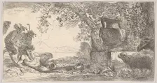 Pan reclining at left with two standing satyrs, a large vase on a pedestal at right, ca. 1645. Creator: Giovanni Benedetto Castiglione