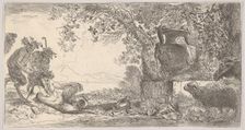 Pan reclining at left with two standing satyrs, a large vase on a pedestal at right, ca. 1645. Creator: Giovanni Benedetto Castiglione