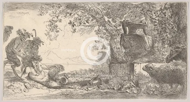 Pan reclining at left with two standing satyrs, a large vase on a pedestal at right, ca. 1645. Creator: Giovanni Benedetto Castiglione.