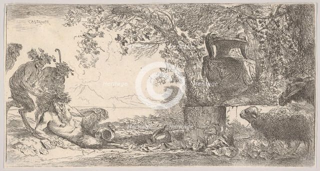 Pan reclining at left with two standing satyrs, a large vase on a pedestal at right, ca. 1645. Creator: Giovanni Benedetto Castiglione.