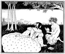Pan reading to a woman by a brook, 1898.Artist: Aubrey Beardsley