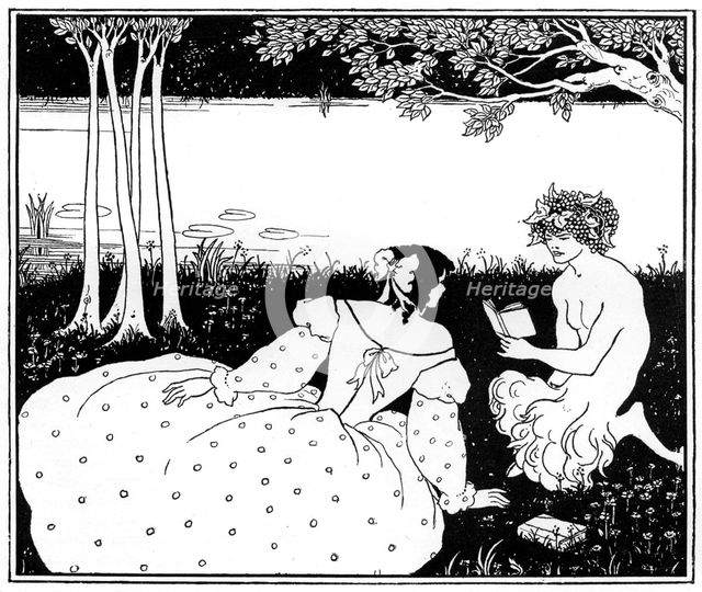 Pan reading to a woman by a brook, 1898.Artist: Aubrey Beardsley