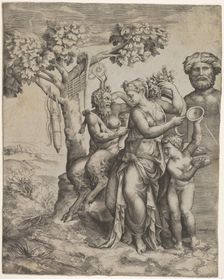 Pan seated near a female figure holding a cornucopia (a nymph or Pomona), at right ..., ca. 1550-60. Creator: Giulio Bonasone