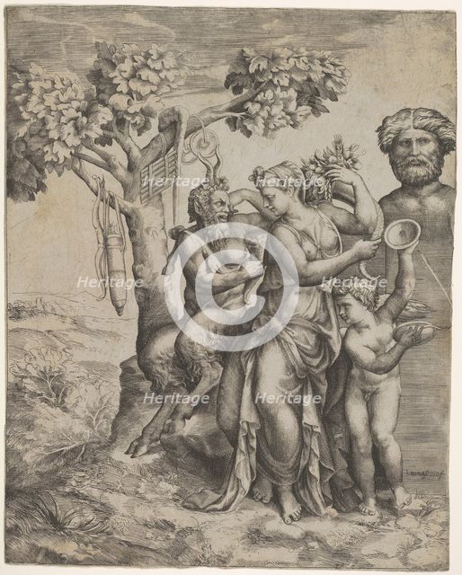 Pan seated near a female figure holding a cornucopia (a nymph or Pomona), at right ..., ca. 1550-60. Creator: Giulio Bonasone.