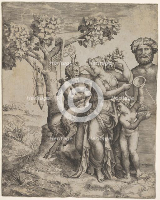 Pan seated near a female figure holding a cornucopia (a nymph or Pomona), at right ..., ca. 1550-60. Creator: Giulio Bonasone.