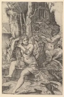 Pan spying on the nymph Syrinx who is seated on a rock, combing her hair, ca. 1516-20. Creator: Marco Dente