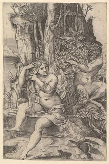 Pan spying on the nymph Syrinx who is seated on a rock, combing her hair, ca. 1516-20. Creator: Marco Dente
