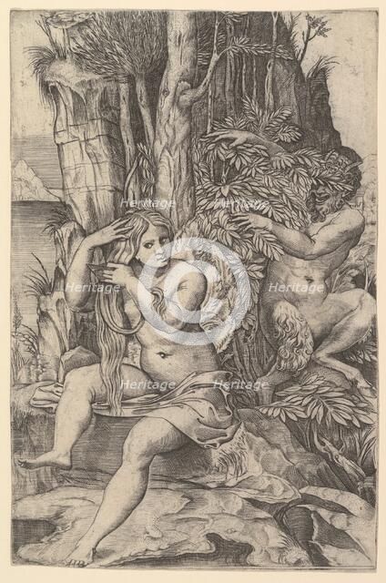 Pan spying on the nymph Syrinx who is seated on a rock, combing her hair, ca. 1516-20. Creator: Marco Dente.