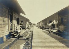 Panama Canal workers (West Indian and Panaman) quarters: exterior view of wooden huts..., c1910. Creator: Unknown