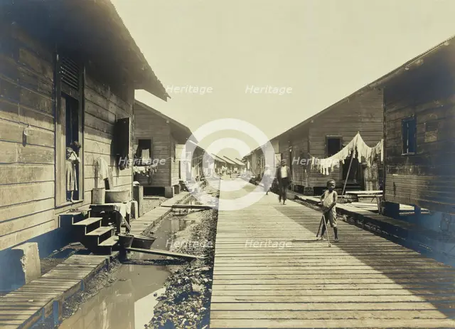 Panama Canal workers' (West Indian and Panaman) quarters: exterior view of wooden huts..., c1910. Creator: Unknown.