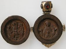 Panagiarion with the Virgin and Child and the Three Angels at Mamre (interior)..., ca. 1500 or later Creator: Unknown