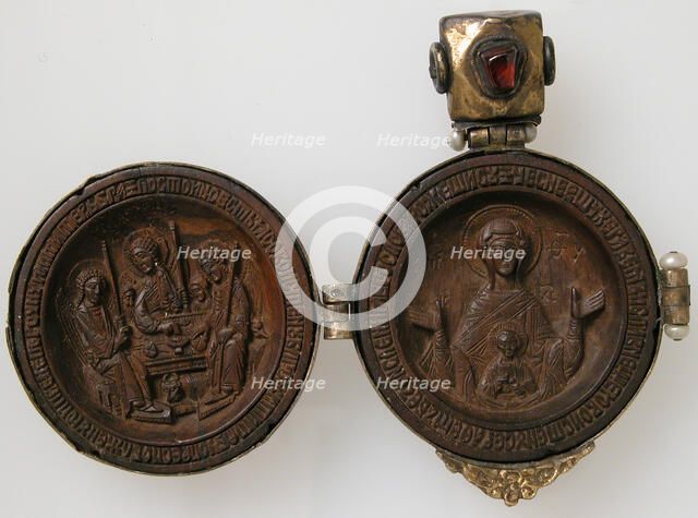 Panagiarion with the Virgin and Child and the Three Angels at Mamre (interior)..., ca. 1500 or later Creator: Unknown.