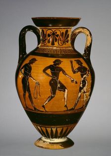 Panathenaic amphora with armed Athena (A) and three athletes (B), early 5th century BC,. Artist: Painter of Oxford 218