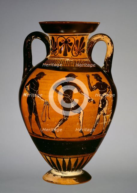 Panathenaic amphora with armed Athena (A) and three athletes (B), early 5th century BC,. Artist: Painter of Oxford 218.