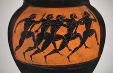 Panathenaic prize amphora with marathon runners at the Olympic games, ca 550-530 BC. Creator: Euphiletos, Attic vase painter (6th century BC)