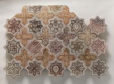 Panel Composed with Tiles in Shape of Eight-pointed Stars and Crosses, Iran, 1260-70. Creator: Unknown