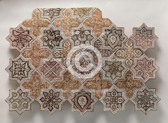 Panel Composed with Tiles in Shape of Eight-pointed Stars and Crosses, Iran, 1260-70. Creator: Unknown.