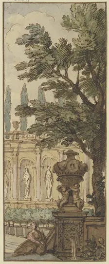 Panel, a vase in the foreground, an orangery in the background, c1690s. Creator: Isaac de Moucheron