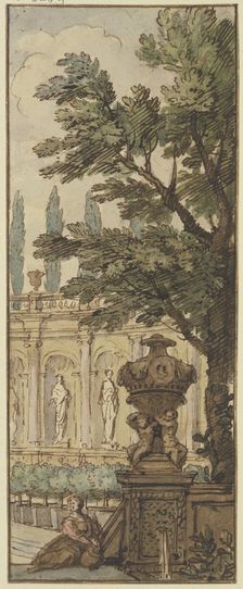 Panel, a vase in the foreground, an orangery in the background, c1690s. Creator: Isaac de Moucheron