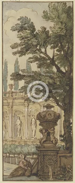 Panel, a vase in the foreground, an orangery in the background, c1690s. Creator: Isaac de Moucheron.
