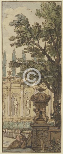 Panel, a vase in the foreground, an orangery in the background, c1690s. Creator: Isaac de Moucheron.