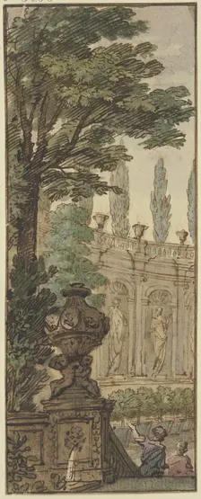 Panel, a vase in the foreground, an orangery in the background, c1690s. Creator: Isaac de Moucheron