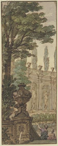 Panel, a vase in the foreground, an orangery in the background, c1690s. Creator: Isaac de Moucheron