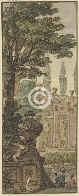 Panel, a vase in the foreground, an orangery in the background, c1690s. Creator: Isaac de Moucheron.