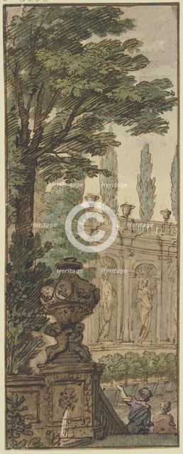 Panel, a vase in the foreground, an orangery in the background, c1690s. Creator: Isaac de Moucheron.