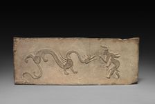Panel from Model Cooking Stove: Fairy Feeding Lingzhi Fungus to a Dragon, 1st Century BC. Creator: Unknown