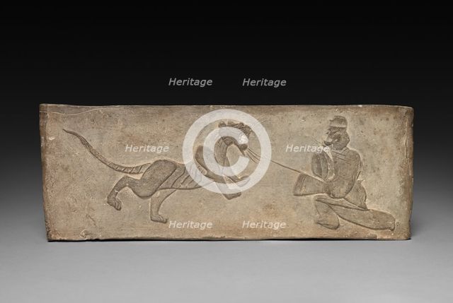 Panel from Model Cooking Stove: Lancer Jousting with a Tiger, 1st Century BC. Creator: Unknown.