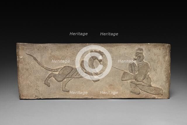 Panel from Model Cooking Stove: Lancer Jousting with a Tiger, 1st Century BC. Creator: Unknown.