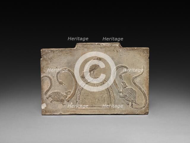 Panel from Model Cooking Stove: Raven Flanked by Snake-Entwined Tortoises, 1st Century BC. Creator: Unknown.