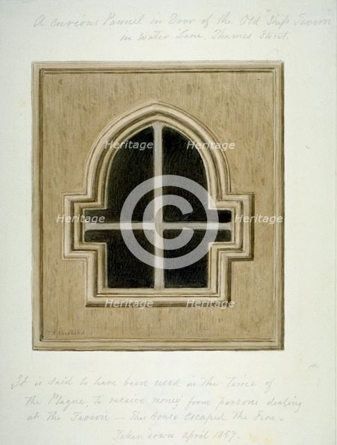 Panel in the door of the Ship Tavern, Water Lane, City of London, 1857.                              Artist: Thomas Hosmer Shepherd