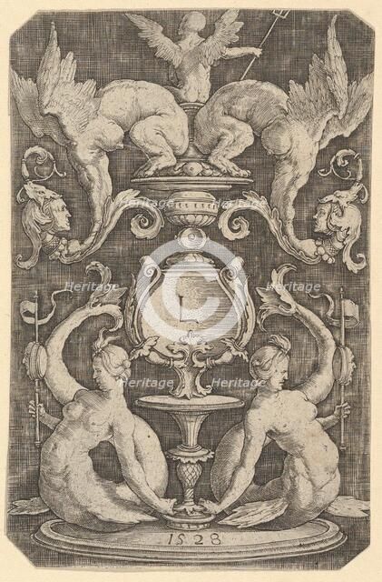 Panel of Ornament with Two Sirens, 1528. Creator: Lucas van Leyden.